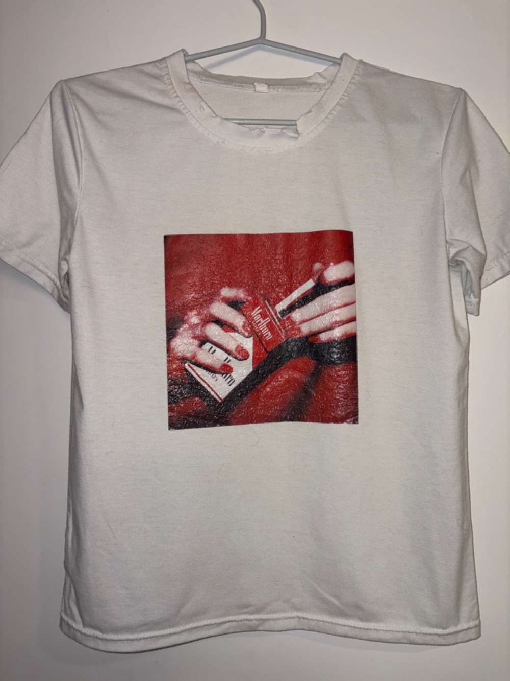 White Graphic Tee with Red Square Cigarette Art